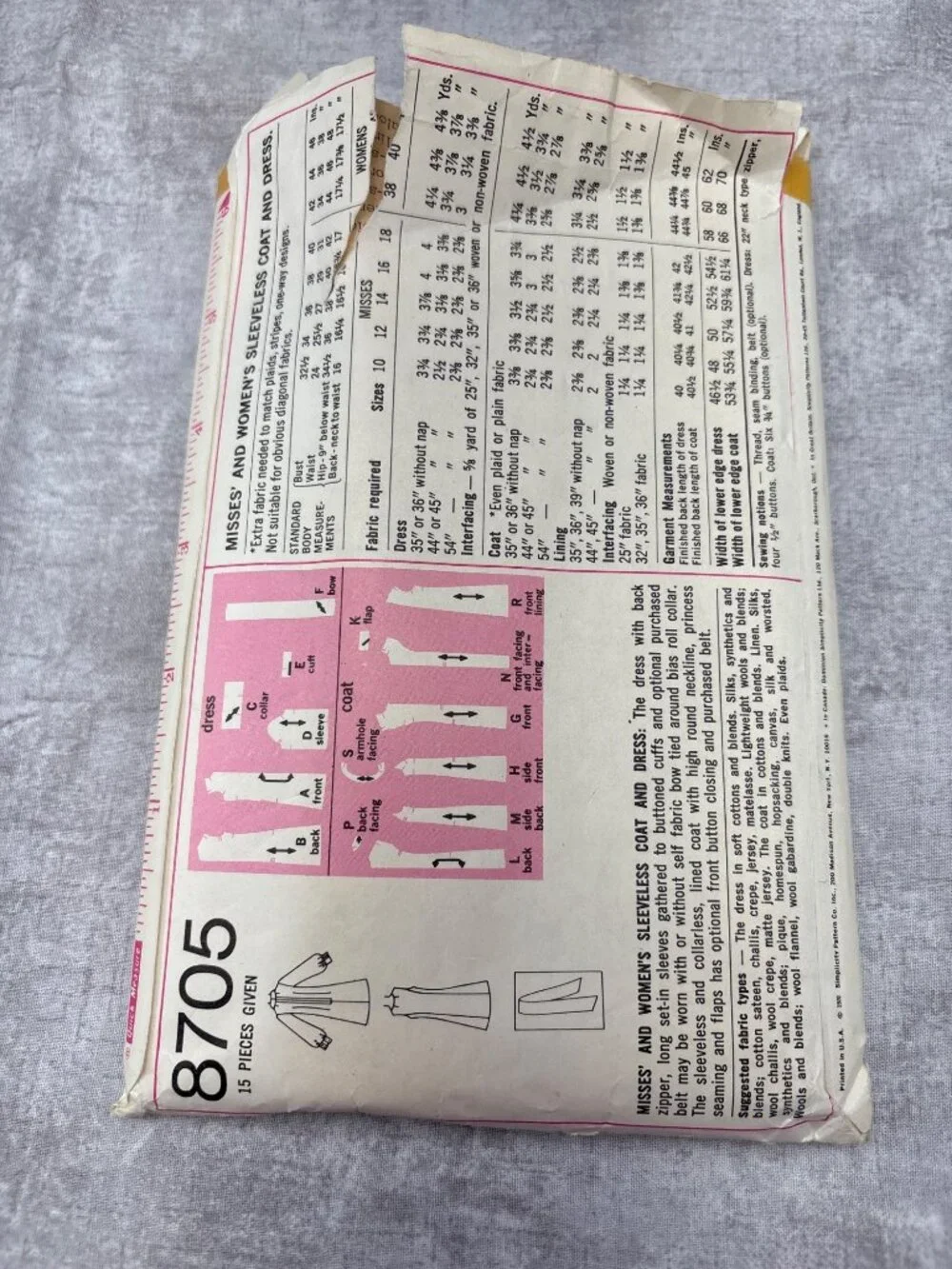 Simplicity 8705 Women Sewing Pattern Size 38 Dress Coats Uncut 1970